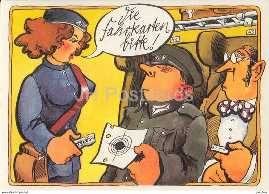 Die Fahrkarten Bitte - train - humour - DDR Germany - unused - JH Postcards
