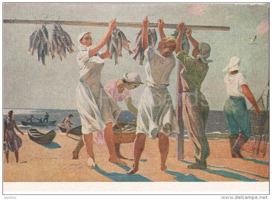 painting by A. Deyneka - By the Sea - women - fish - russian art - unused - JH Postcards