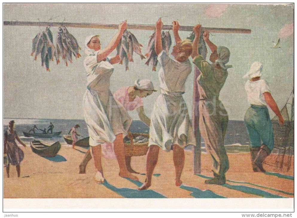 painting by A. Deyneka - By the Sea - women - fish - russian art - unused - JH Postcards