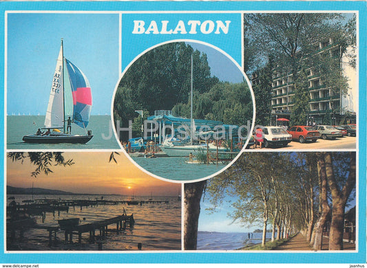 Balaton - sailing boat - cars - hotel - multiview - 1989 - Hungary - used - JH Postcards