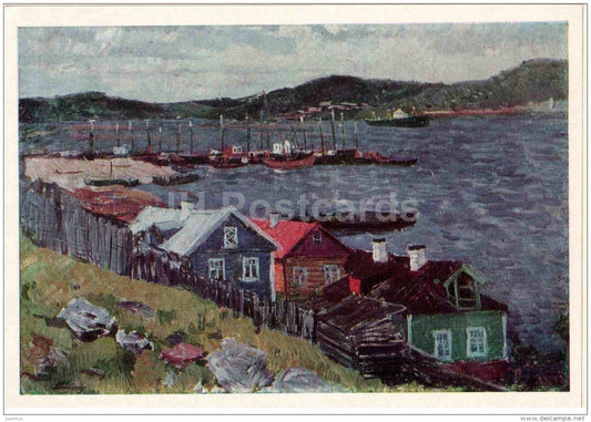 Portrait of Nina Sergeyeva - On the Kola Bay , 1968 - boat - houses - Russian art - 1968 - Russia USSR - unused - JH Postcards