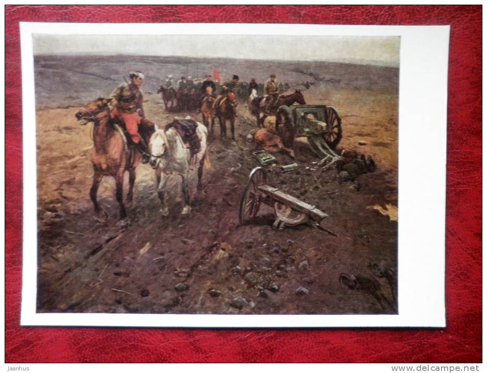Painting by M. B. Grekov - Budennyi squad in 1918, 1926 - soldiers - horse - cannon - russian art - unused - JH Postcards
