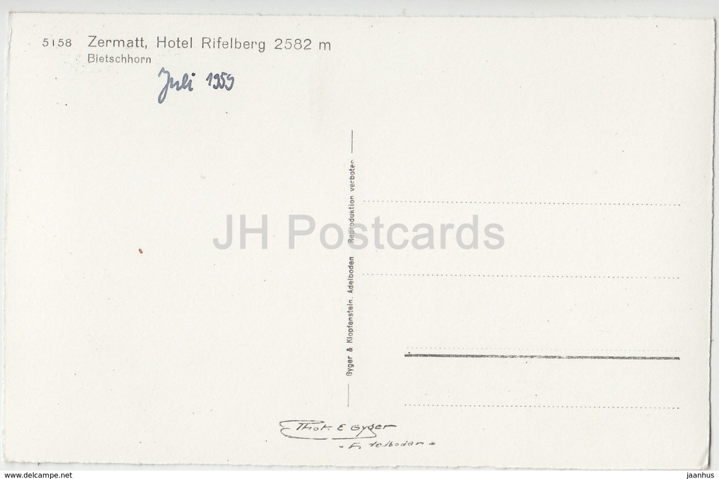 Zermatt - hotel Rifelberg 2582 m - Bietschhorn - Riffelhaus - 5158 - Switzerland - old postcard - unused