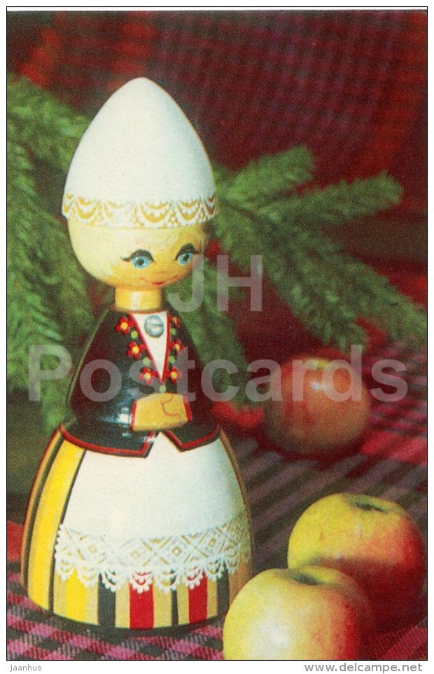 New Year Greeting card - 2 - wooden doll in estonian folk costumes - apple - 1972 - Estonia USSR - used - JH Postcards