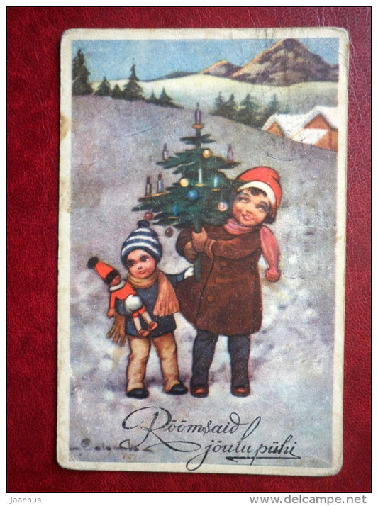 Christmas Greeting Card - kid with mother - christmas tree  - WO 1110 - circulated in 1937 - Estonia - used - JH Postcards