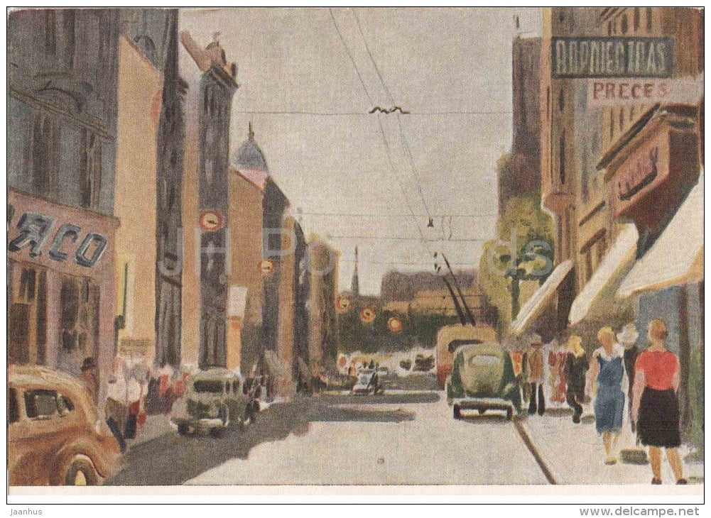 painting by N. Denisovsky - Street in Riga . Latvia - car Pobeda - trolleybus - russian art - unused - JH Postcards