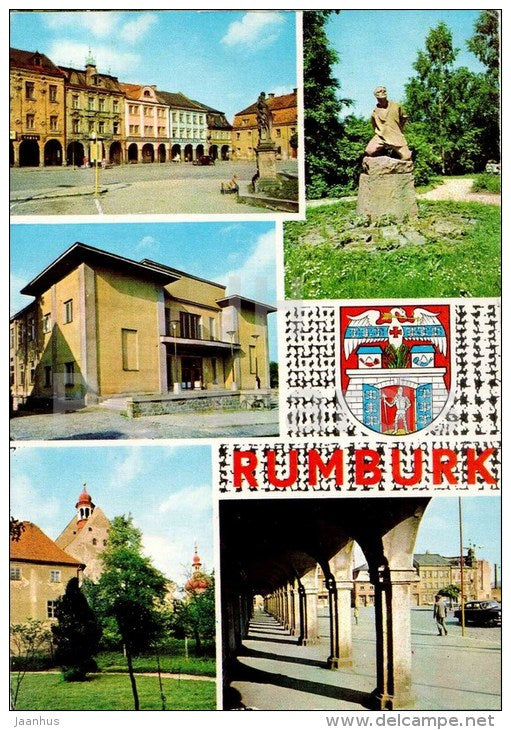 J. Fucika square - the monument to Rumburk Revolt - culture house - Rumburk - Czechoslovakia - Czech - used 1979 - JH Postcards