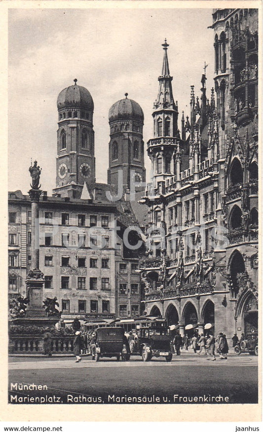 Munchen - Marienplatz - Mariensaule - Frauenkirche - Rathaus - Munich - car - old postcard - Germany - unused - JH Postcards