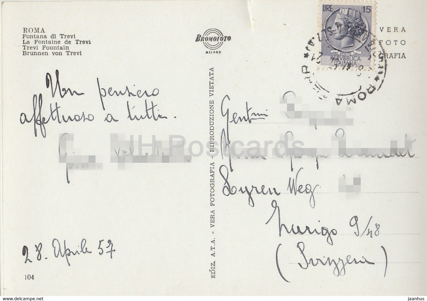 Roma - Rome - Fontana di Trevi - Trevi Fountain - old postcard - 1957 - Italy - used