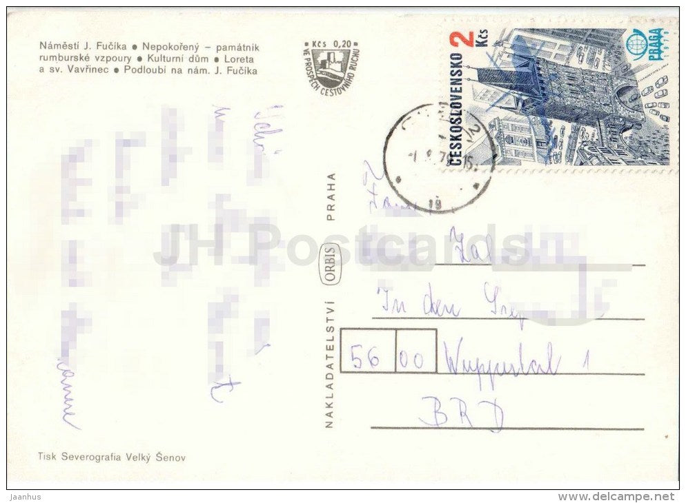 J. Fucika square - the monument to Rumburk Revolt - culture house - Rumburk - Czechoslovakia - Czech - used 1979 - JH Postcards