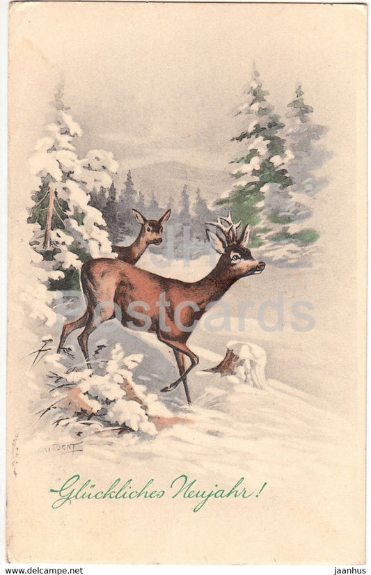 New Year Greeting Card - Gluckliches Neujahr - deer - signed illustration - 4974 - old postcard - 1921 - Germany - used - JH Postcards