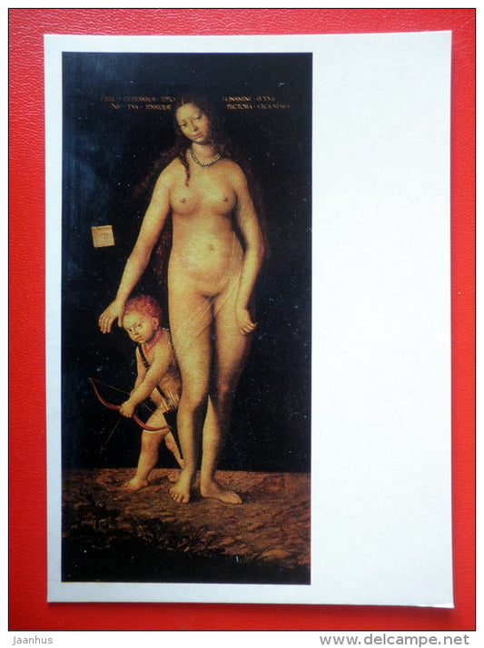 painting by Lucas Cranach the Elder . Venus and Cupid - bow - german art - unused - JH Postcards