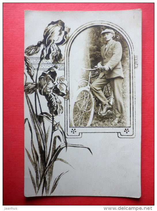 estonian man - bicycle - flower - old photo postcard - Estonia - unused - JH Postcards