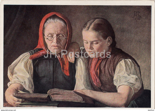painting by Hans Thoma - Des Kunstlers Mutter und Schwester - reading - German art - Germany - unused - JH Postcards