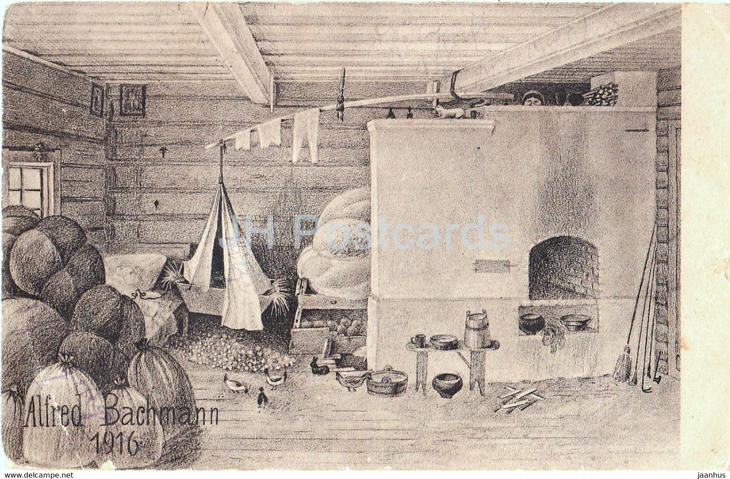 illustration by Alfred Bachmann - Russische Bauernstube - S B Inf Regt - Feldpost - old postcard - 1916 - Russia - used - JH Postcards