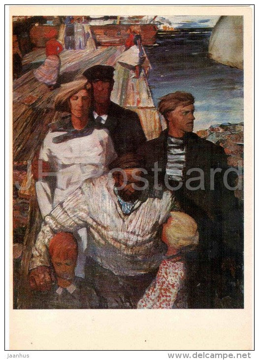 painting by I. Zarins - Native Land - port - family - latvian art - unused - JH Postcards
