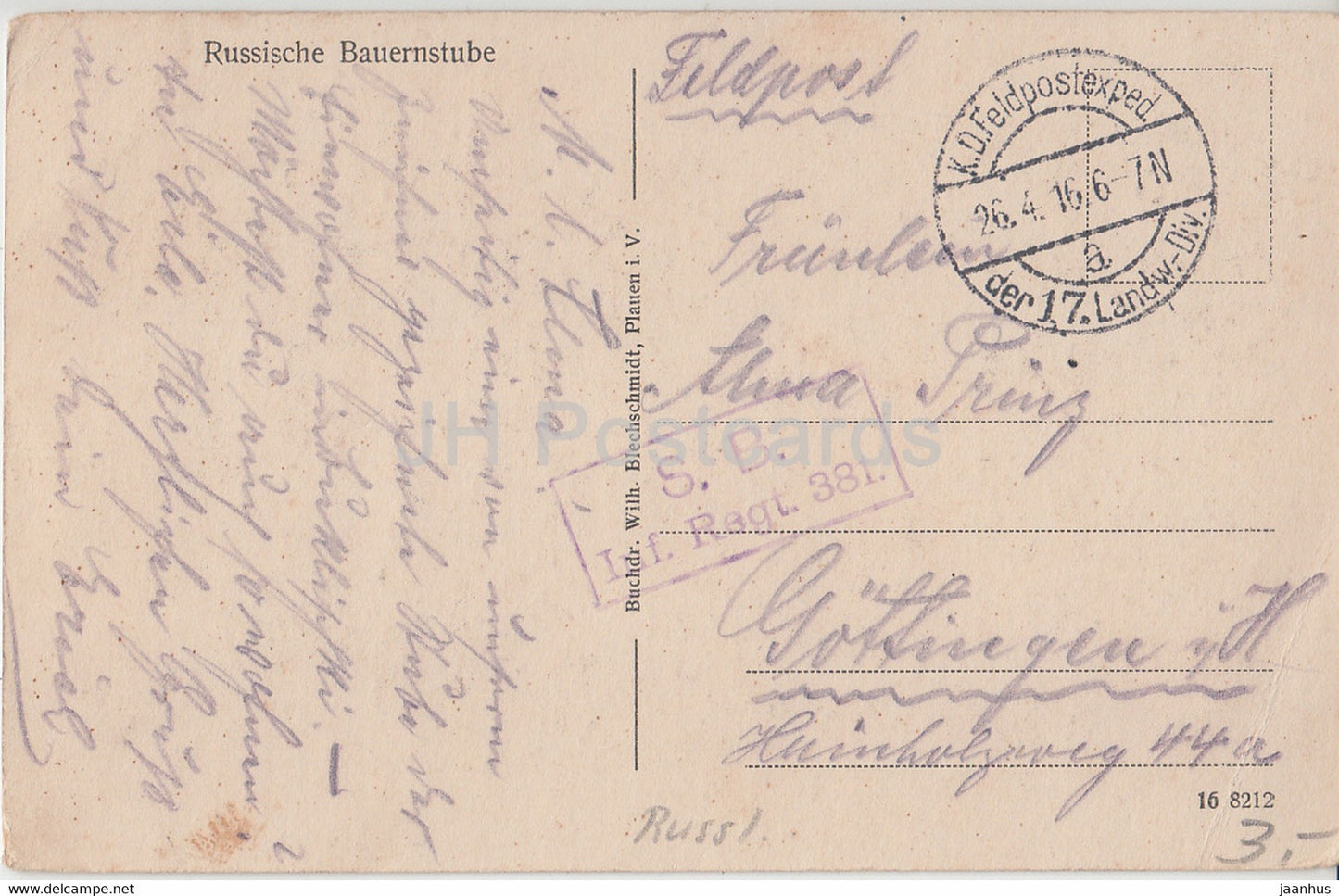 Illustration von Alfred Bachmann - Russische Bauernstube - SB Inf Regt - Feldpost - alte Postkarte - 1916 - Russland - gebraucht