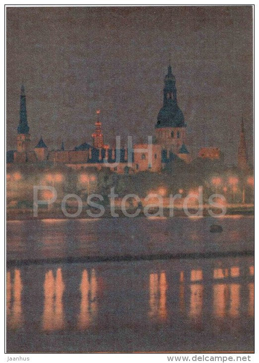 Komsomol Embankment - 1 - Daugava river - Riga by Night - old postcard - Latvia USSR - unused - JH Postcards