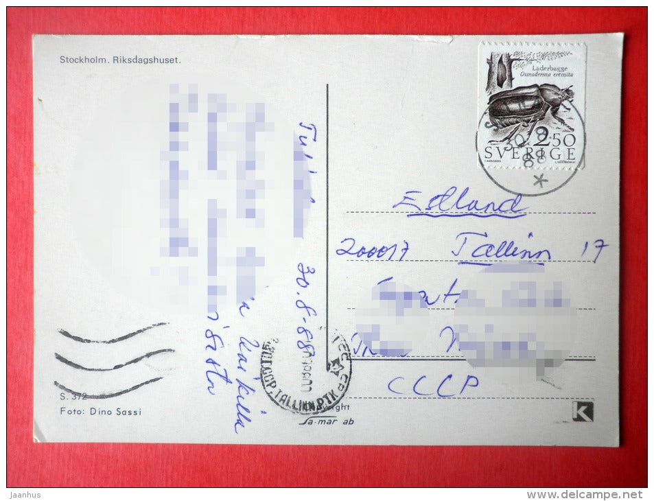 parliament house - Stockholm - S 372 - Osmoderma eremita - beetle - Sweden - sent from Sweden to Estonia USSR 1988 - JH Postcards