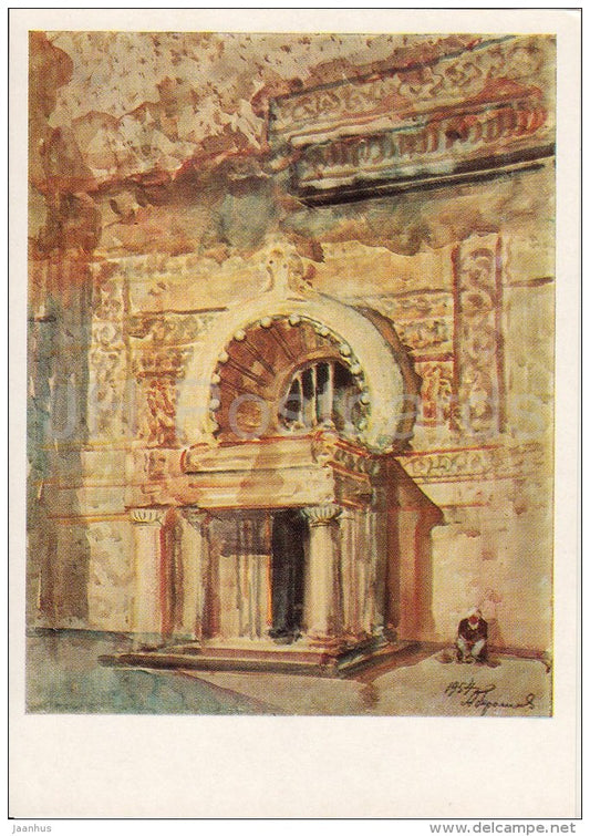 painting by A. Gerasimov - Ajanta Caves. Entrance , 1954 - Russian art - 1976 - Russia USSR - unused - JH Postcards