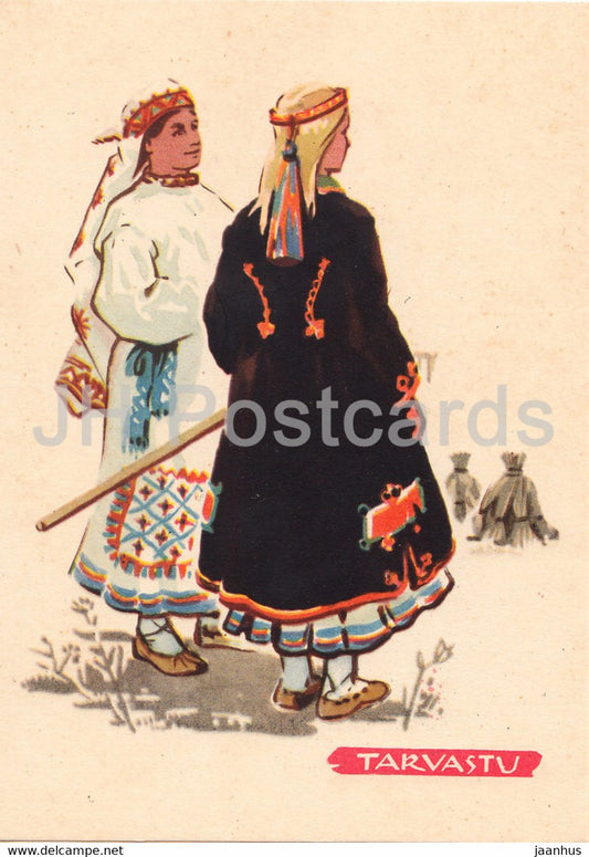 Estonian Folk Costumes - Tarvastu - illustration by A. Vender - 1960 - Estonia USSR - unused - JH Postcards