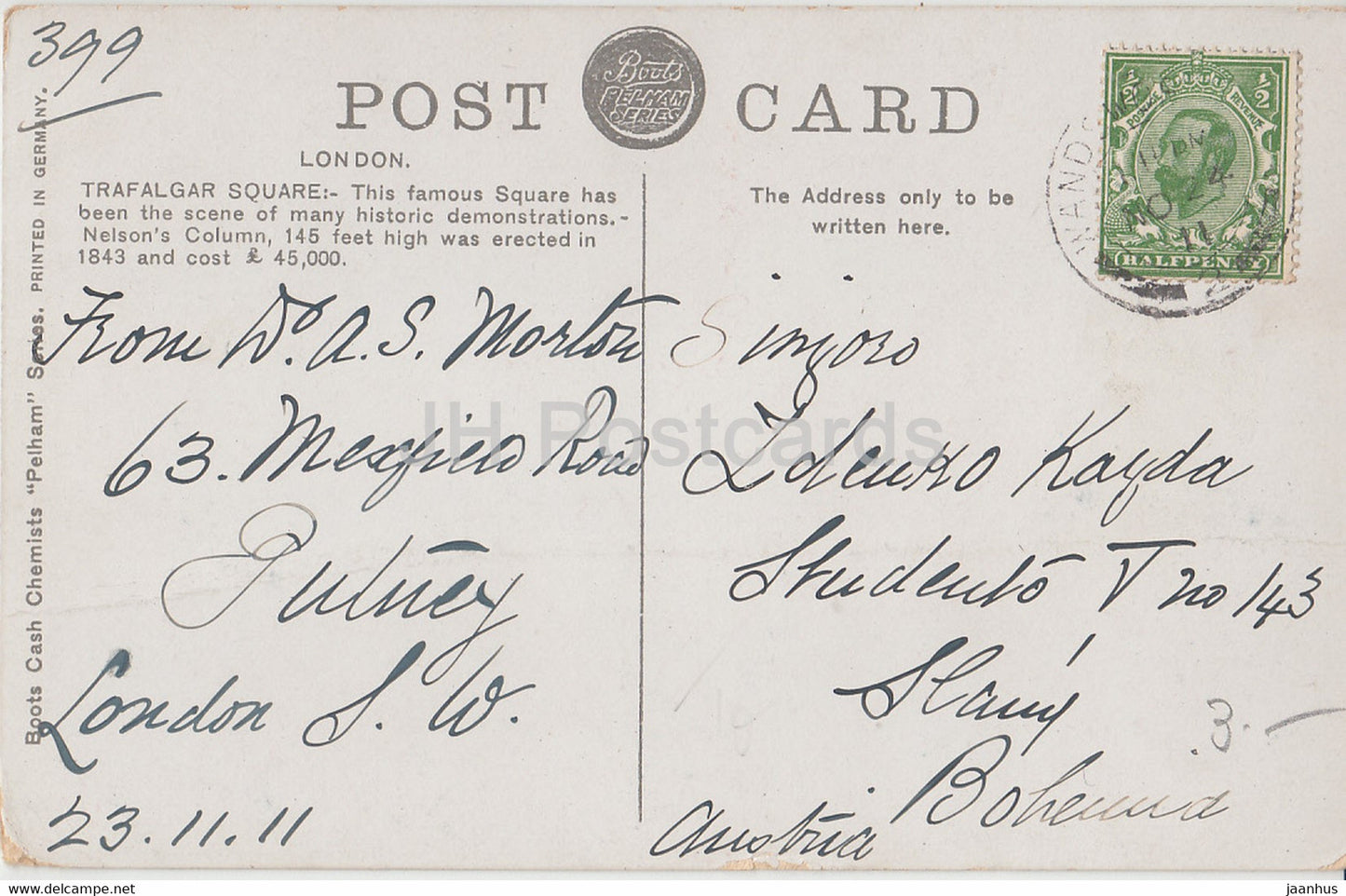 London - Trafalgar Square - Boots Cash - old postcard - 1911 - England - United Kingdom - used