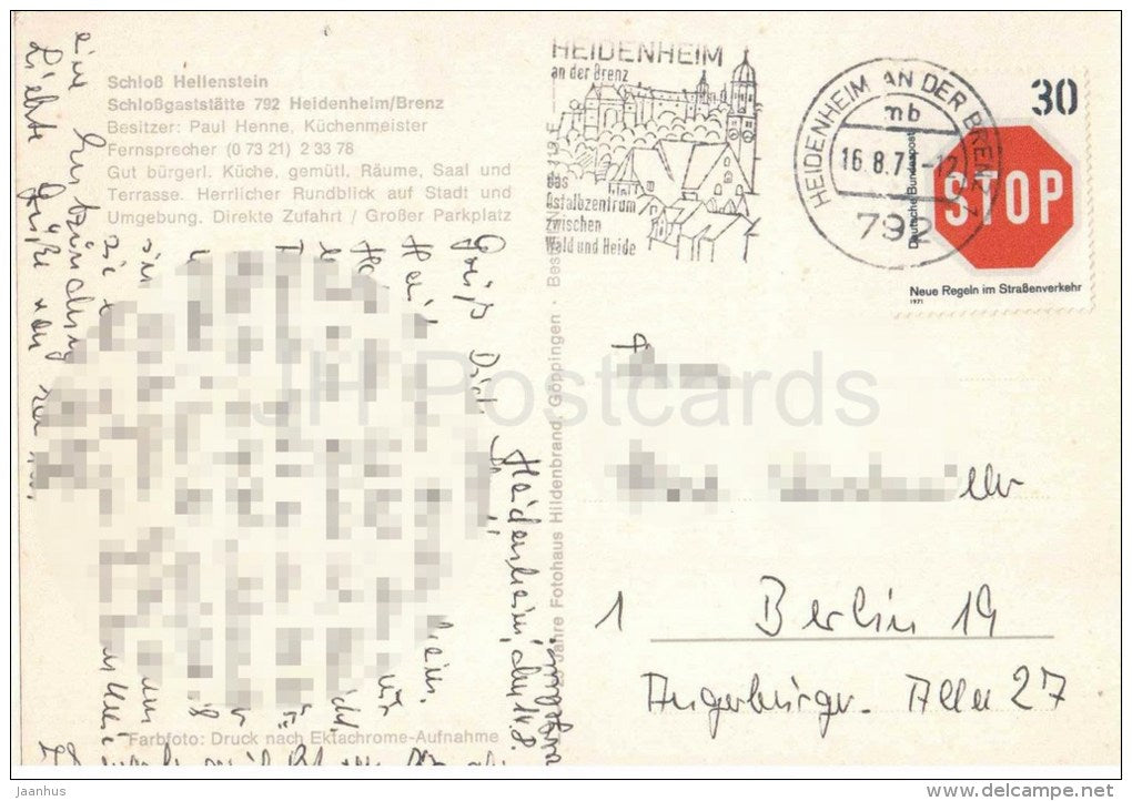 Schloss Hellenstein - castle - Germany - 1974 gelaufen - JH Postcards