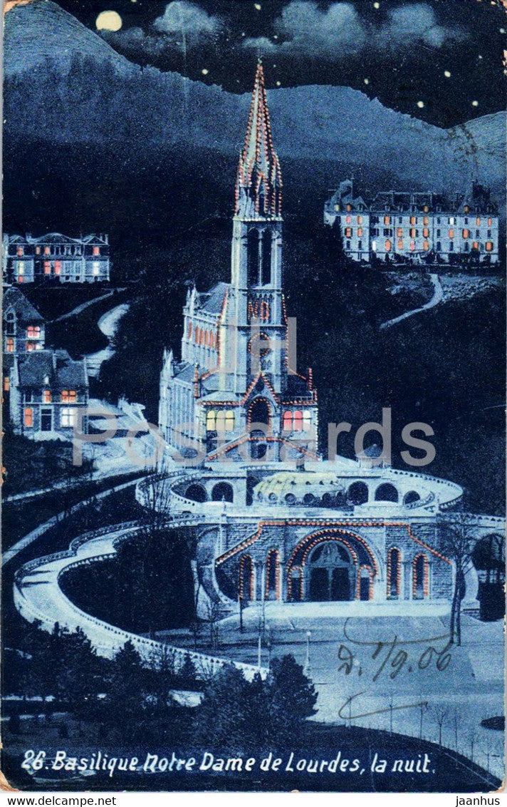 Basilique Notre Dame de Lourdes - La Nuit - cathedrale - 26 - old postcard - 1906 - France - used - JH Postcards