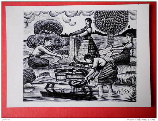 engraving by Jonas Kuzminskis - Lithuanian Folk Song theme . 1963 - girls washing - lithuanian art - unused - JH Postcards