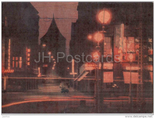 Valnu Street - Riga by Night - old postcard - Latvia USSR - unused - JH Postcards