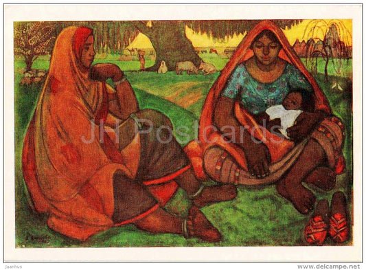 painting by V. Aralova - Resting , 1970 - mother and child - ukrainian art - unused - JH Postcards