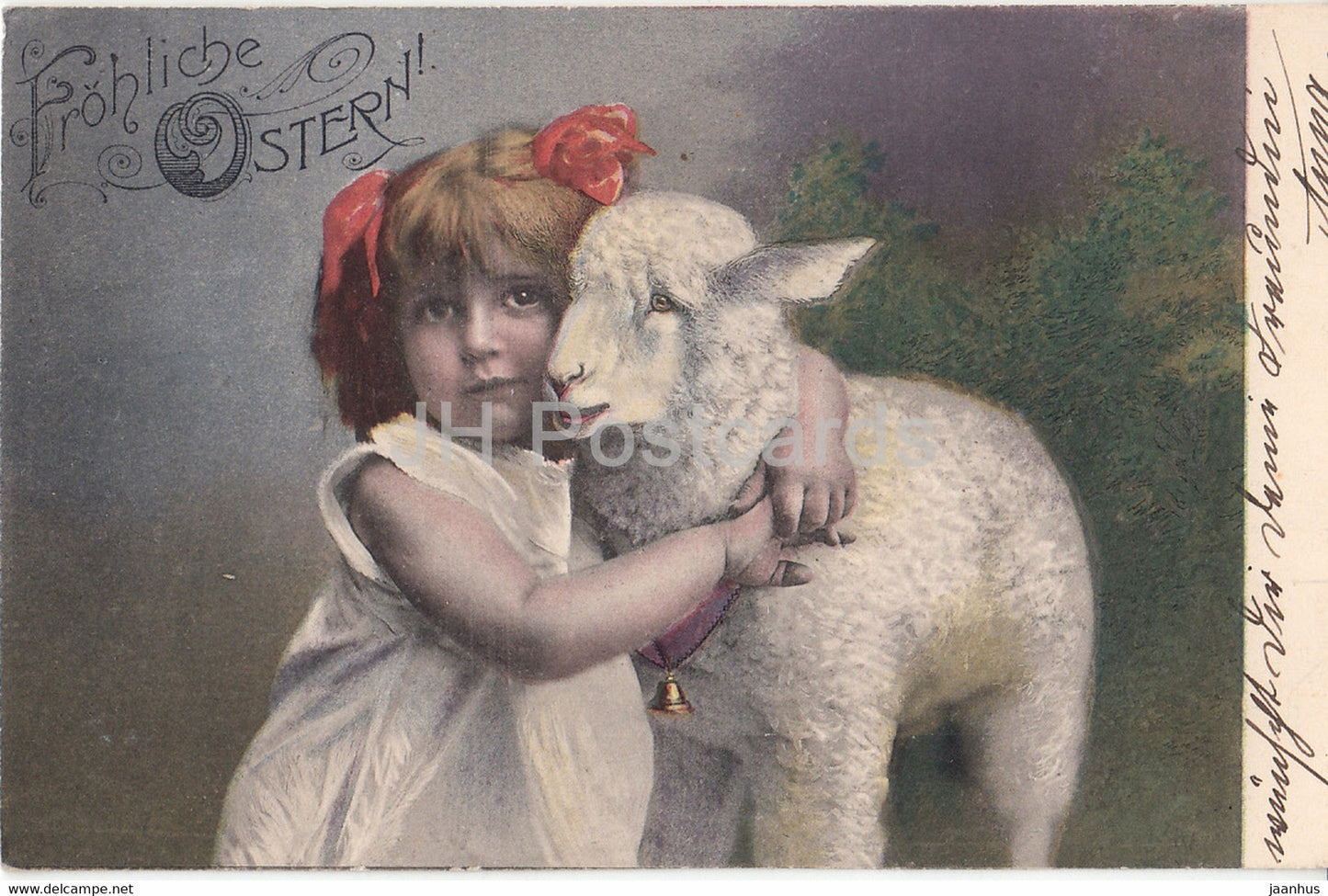Easter Greeting Card - Frohliche Ostern - girl - sheep - Serie 3458 - old postcard - Germany - used - JH Postcards