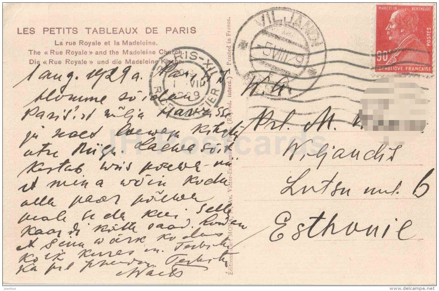 La Rue Royale et la Madeleine - old cars - Paris - France - sent from Paris France to Estonia Viljandi 1929 - JH Postcards