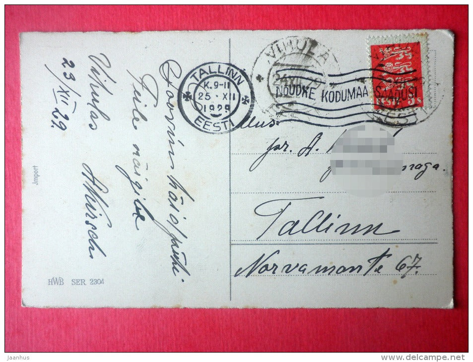 christmas greeting card - river - bridge - house - HWB SER 2304 - circulated in Estonia Tallinn Vihula 1929 - JH Postcards