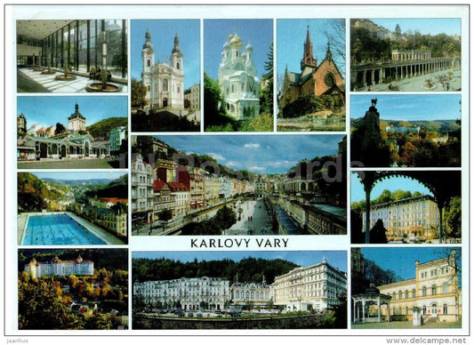 Spa - streets - architecture - multiview card - Karlovy Vary - Karlsbad - Czech - used 2002 - JH Postcards