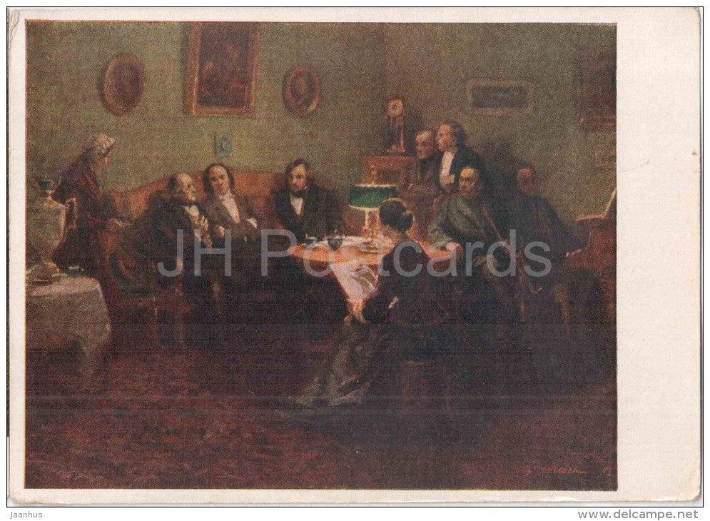 painting by V. Dreznina - Literary evening by Aksakov - writers - russian art - unused - JH Postcards