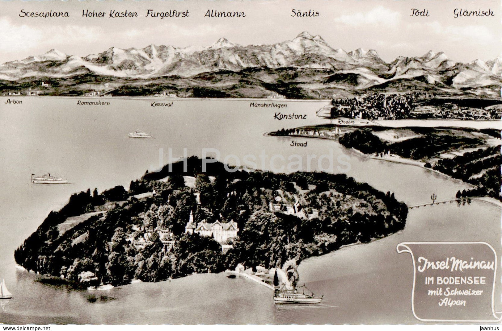 Insel Mainau im Bodensee mit Schweizer Alpen - old postcard - Germany - unused - JH Postcards