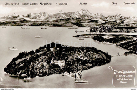 Insel Mainau im Bodensee mit Schweizer Alpen - old postcard - Germany - unused - JH Postcards