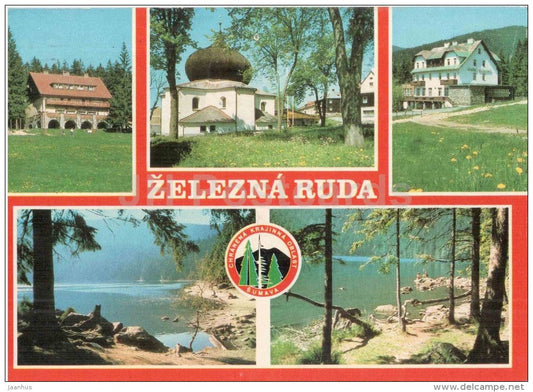 Zelezna Ruda - hotel Hrcir - church - hotel Sirotek - lake Czechoslovakia - Czech - used 1978 - JH Postcards