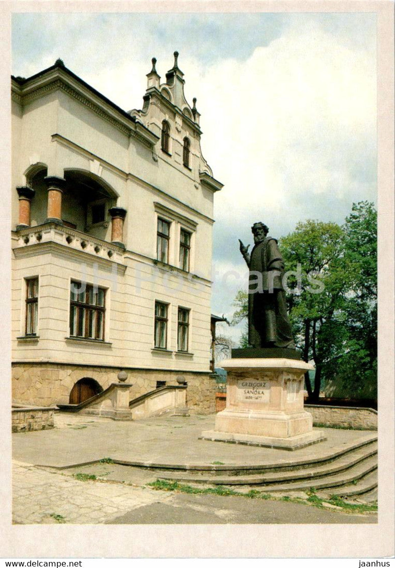 Sanok - Biblioteka Publiczna i pomnik Grzegorza z Sanoka - library - monument of Grzegorz from Sanok - Poland - unused - JH Postcards