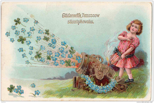 Birthday greeting card - girl - cannon - flowers - 4772 - old postcard - circulated in Estonia - JH Postcards