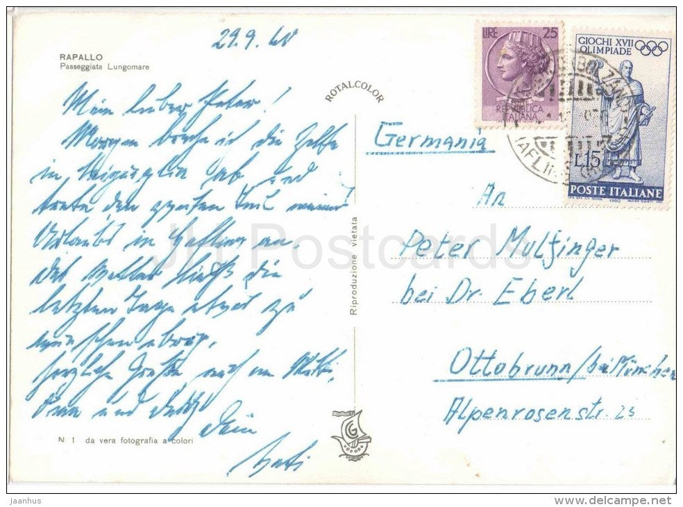 Passeggiata Lungomare - olympic games - Rapallo - Genova - Liguria - Italia - Italy - sent from Italy to Germany 1960 - JH Postcards