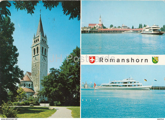 Romanshorn am Bodensee - Katholische Kirche und Hafen - church - ship - barge - multiview - Switzerland - 1973 - used - JH Postcards