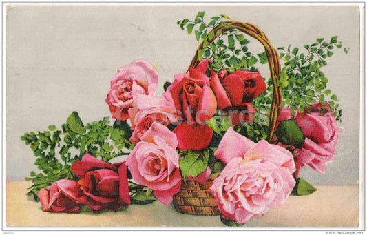 Birthday greeting card - roses in the basket - flowers - HB Photochromie - 2562 - old postcard - circulated in Estonia - JH Postcards
