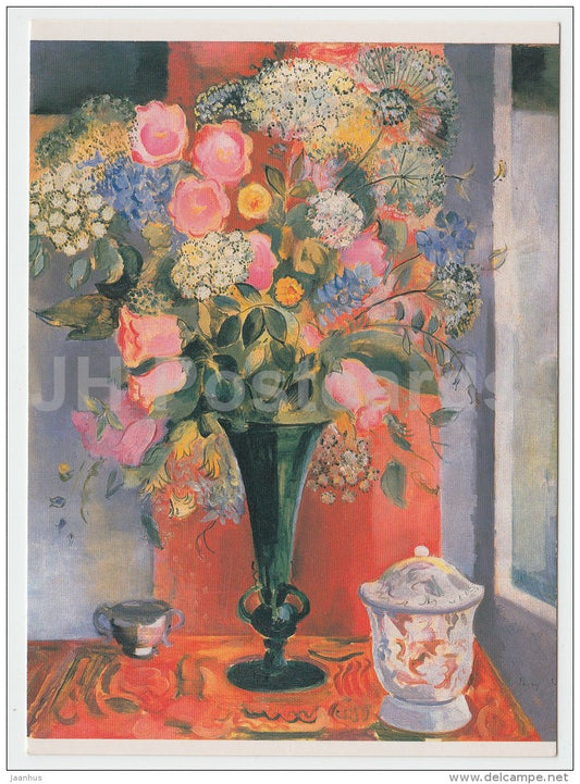 painting by Arthur Percy - Flowers in a Vase - English art - used in 1997 - JH Postcards