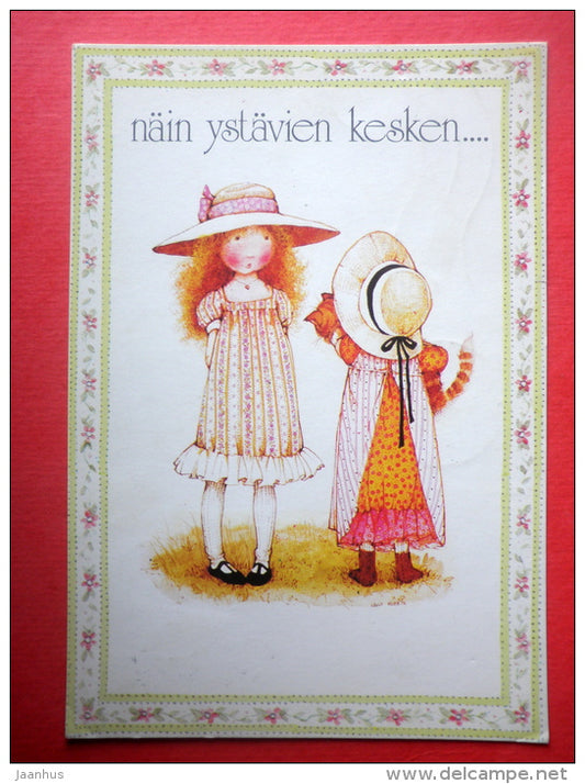 illustration - girls - cat - Finland - sent from Finland Turku to Estonia USSR 1980 - JH Postcards