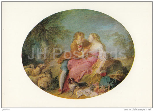 painting by Francois Boucher - Shepherd's Scene - couple - dog - French art - 1983 - Russia USSR - unused - JH Postcards