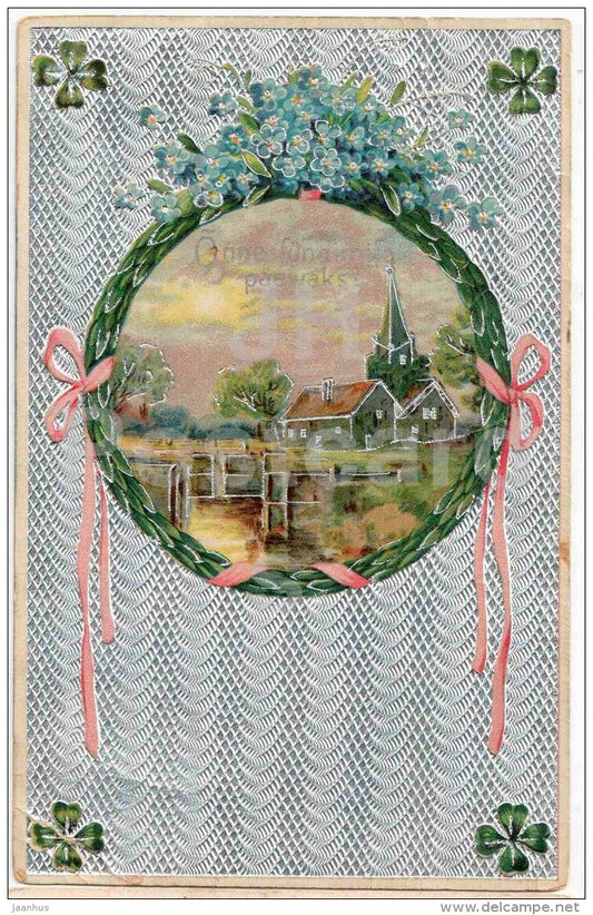 Birthday greeting card - church - flowers - H&S - old postcard - circulated in Imperial Russia Estonia Ass 1912 - JH Postcards