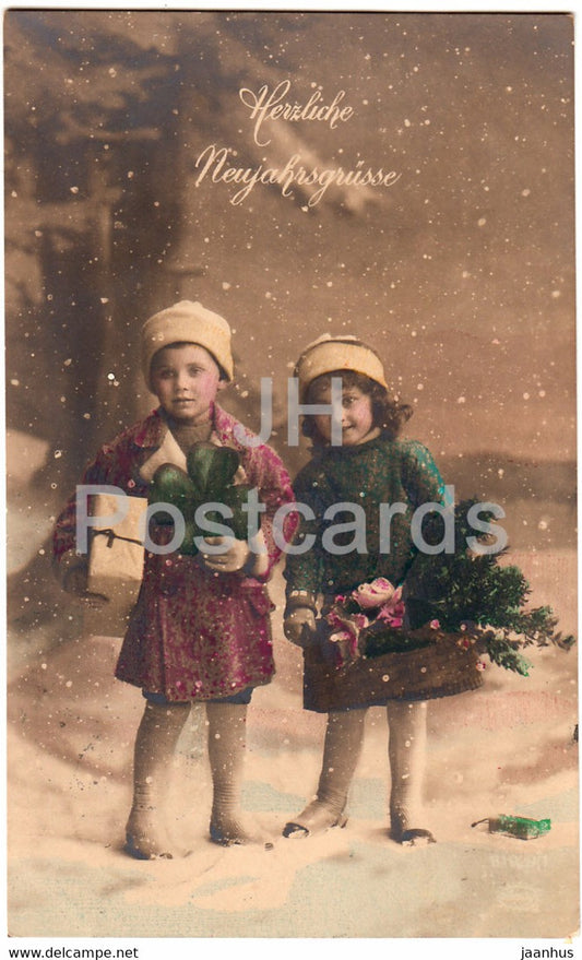 New Year Greeting Card - Herzliche Neujahrsgrusse - children - Amag - old postcard - 1921 - Germany - used - JH Postcards
