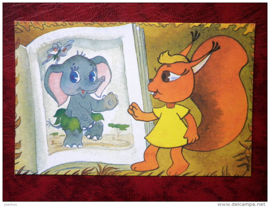 Come and Visit by L. L. Kayukov,  cartoon cards - hare - elephant - book - 1988 - Russia - USSR - unused - JH Postcards